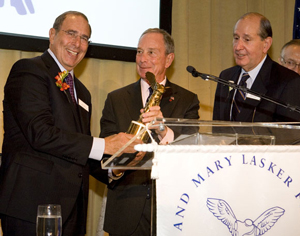 Dr. John I. Gallin accepting the 2011 Lasker-Bloomberg Public Service Award from New York City Mayor Michael Bloomberg and Alfred Sommer