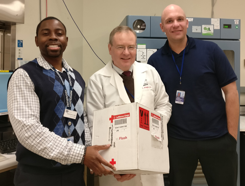 Three Department of Transfusion Medicine staff members receive a package of rare blood from Germany.