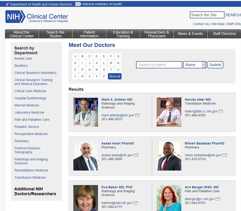 Screen capture of Meet Our Doctors, a new feature of the NIH Clinical Center website