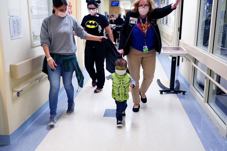 With the help of his mom, Ines, his nurse, Bethany Bettencourt, and Recreational Therapy chief Donna Gregory, pediatric patient Tiago fly's through Halloween as the Hulk