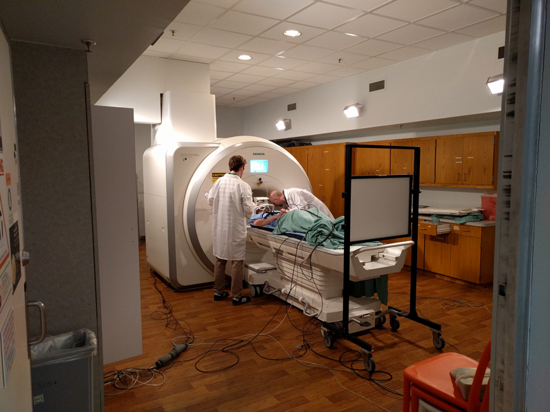A healthy volunteer prepares to sleep overnight in the MRI scanner at the NIH Clinical Center